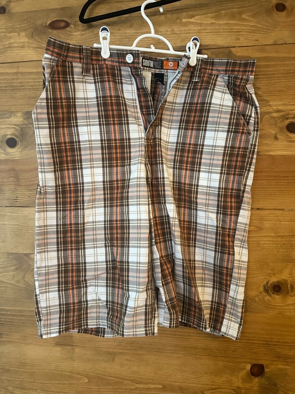 South Pole Men's Plaid Cotton Flat Front Shorts in Brown and Cream